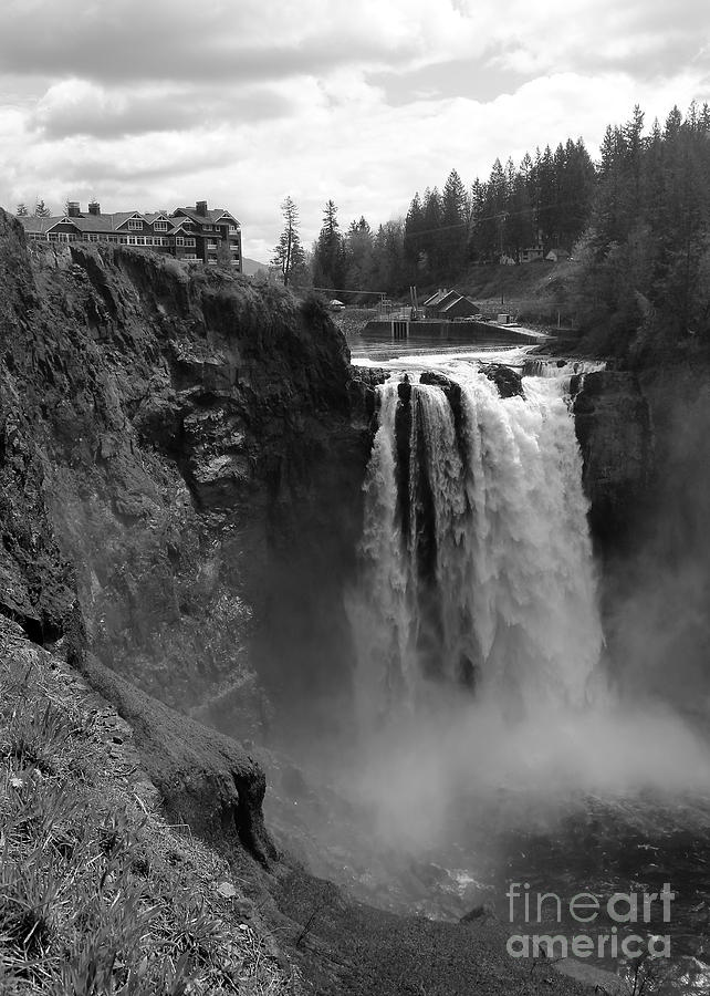Snoqualmie Falls Lodge and Waterfall - Black and White Photograph by Carol Groenen