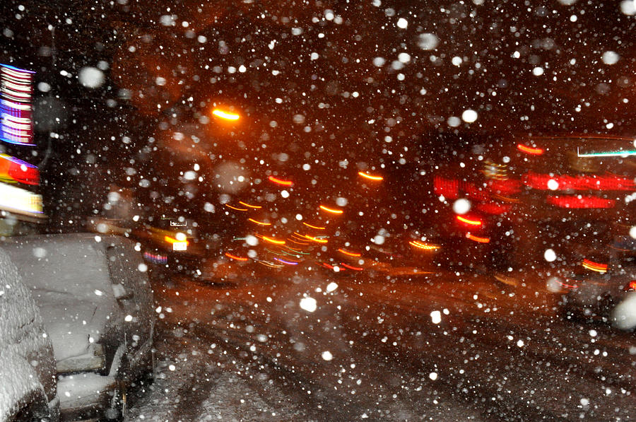 Snow at night on a Brooklyn street Photograph by Diane Lent
