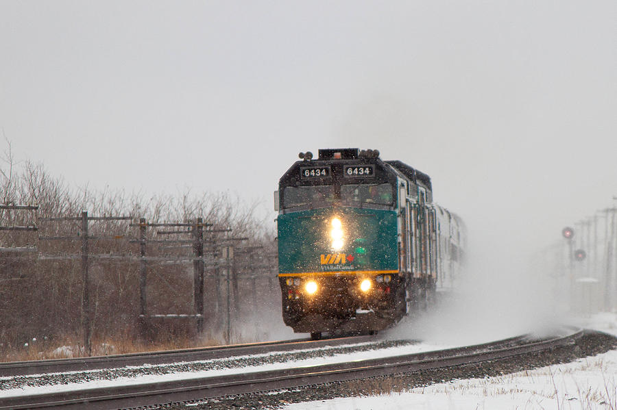 Winter Photograph - Passenger Train Blowing Snow on Curve by Steve Boyko