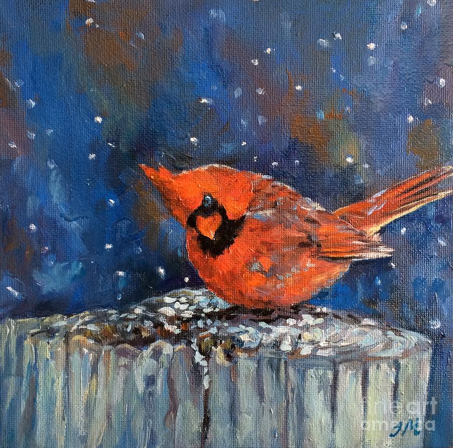 Snow Cardinal Painting by Jieming Wang