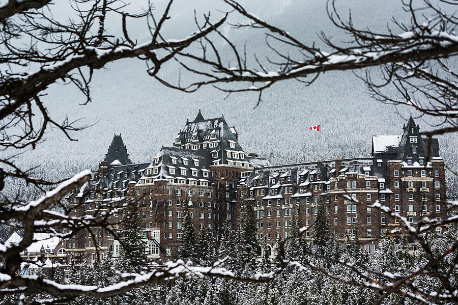 Snow Covered Banff Springs Hotel Framed Photograph by Michael Interisano