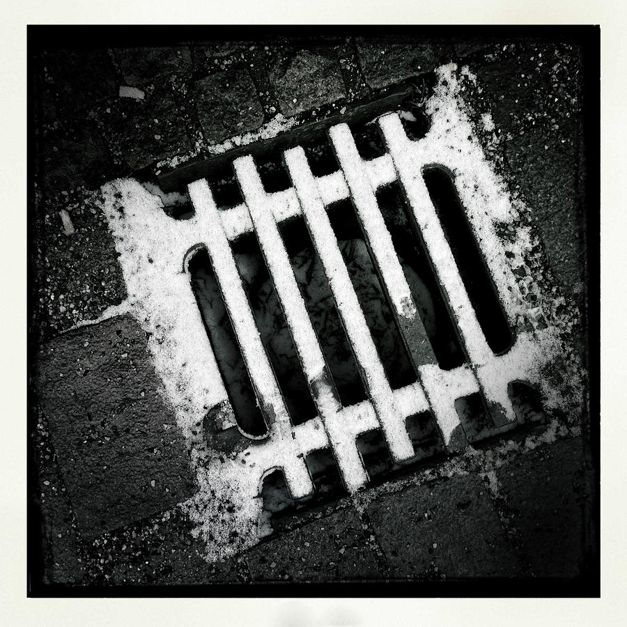 Black And White Photograph - Snow covered drain black and white minimalism abstract by Matthias Hauser