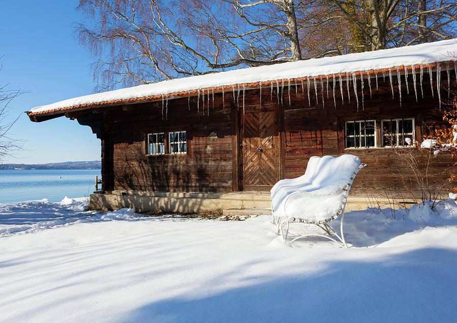 Snow Covered Log Cabin, Lake Starnberg Photograph by Henglein And Steets