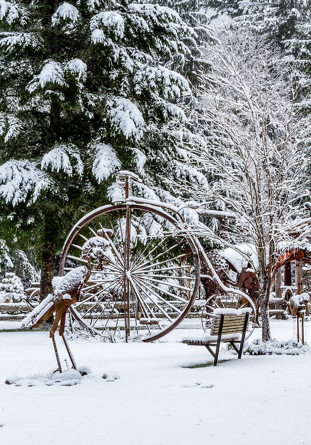 Snow Covered Vintage Iron Bicycle - Fabricated Art Photograph by Rob Green