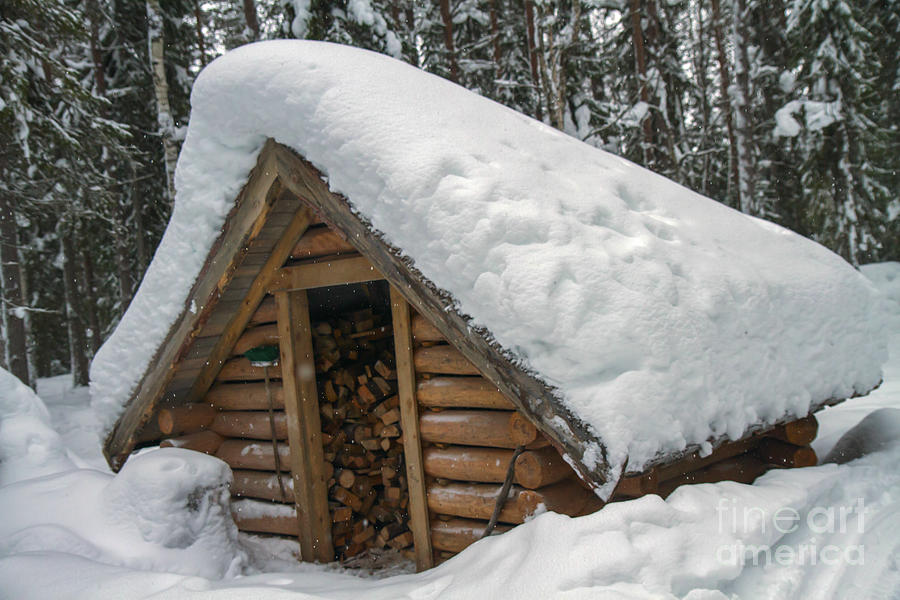 Winter Photograph - Snow Covered Wood Cabin by Lilach Weiss 