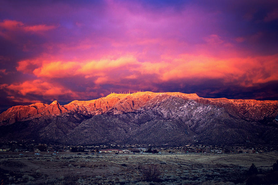 Snow Dusted Sandia Mountains at Magic Hour Photograph by Ivanastar