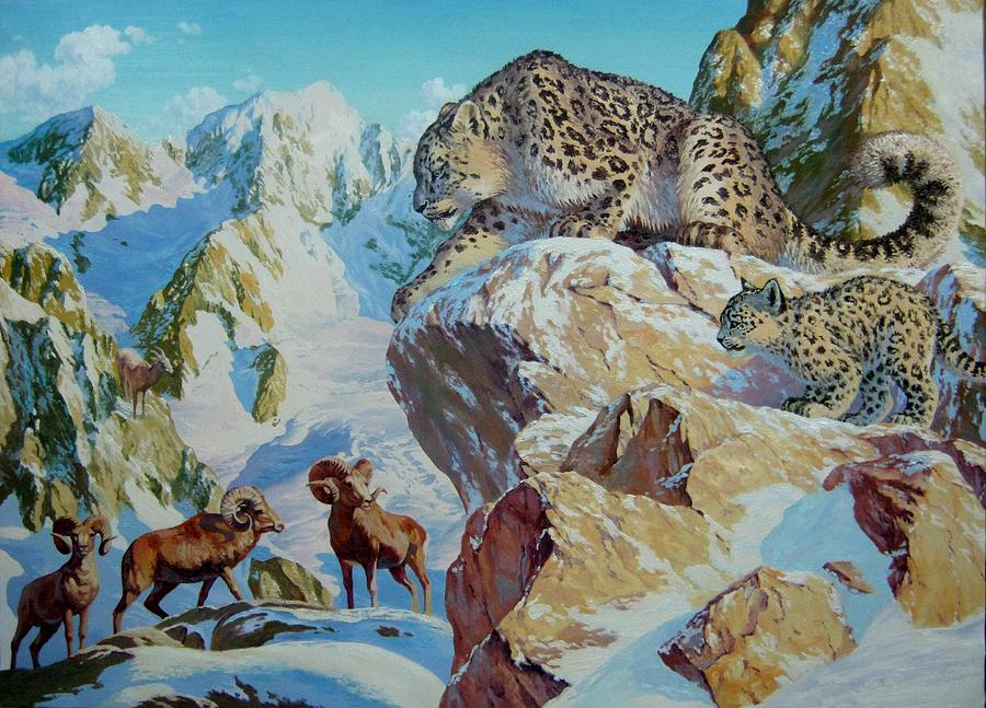 Snow Leopard is hunting Painting by Tsogbayar Chuluunbaatar