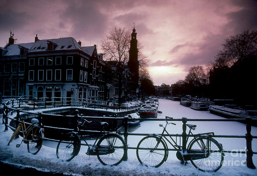 Snow On Canals. Amsterdam, Holland Photograph by Farrell Grehan