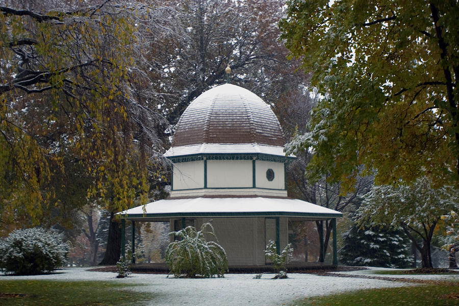 Snow on the Gazebo for Halloween Photograph by Gene Walls