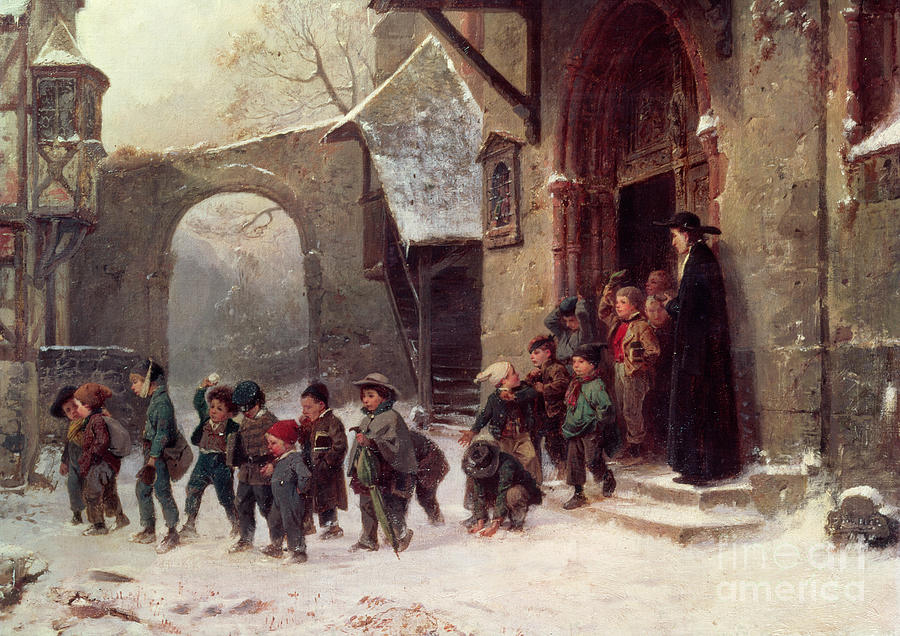 Snow Scene  Children Leaving School Painting by Marc Louis Benjamin Vautier