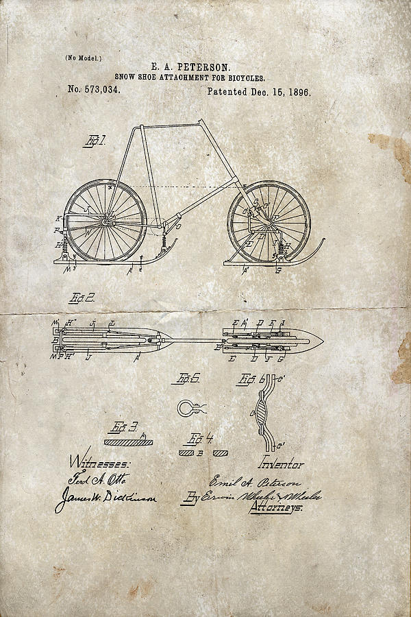 Snow Shoe Attachment For Bicycles Patent 1896 Digital Art by Paulette B Wright
