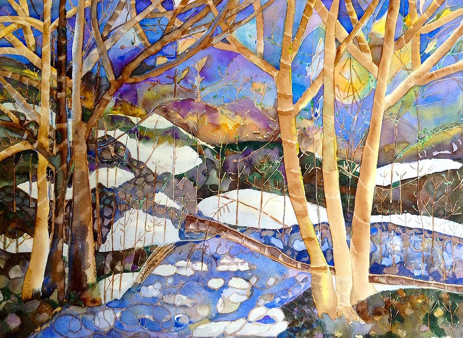 Winter Painting - Snow Stream by Autumn Leaves