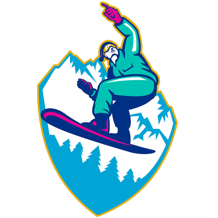 Snowboarder Holding Snowboard Alps Retro Digital Art