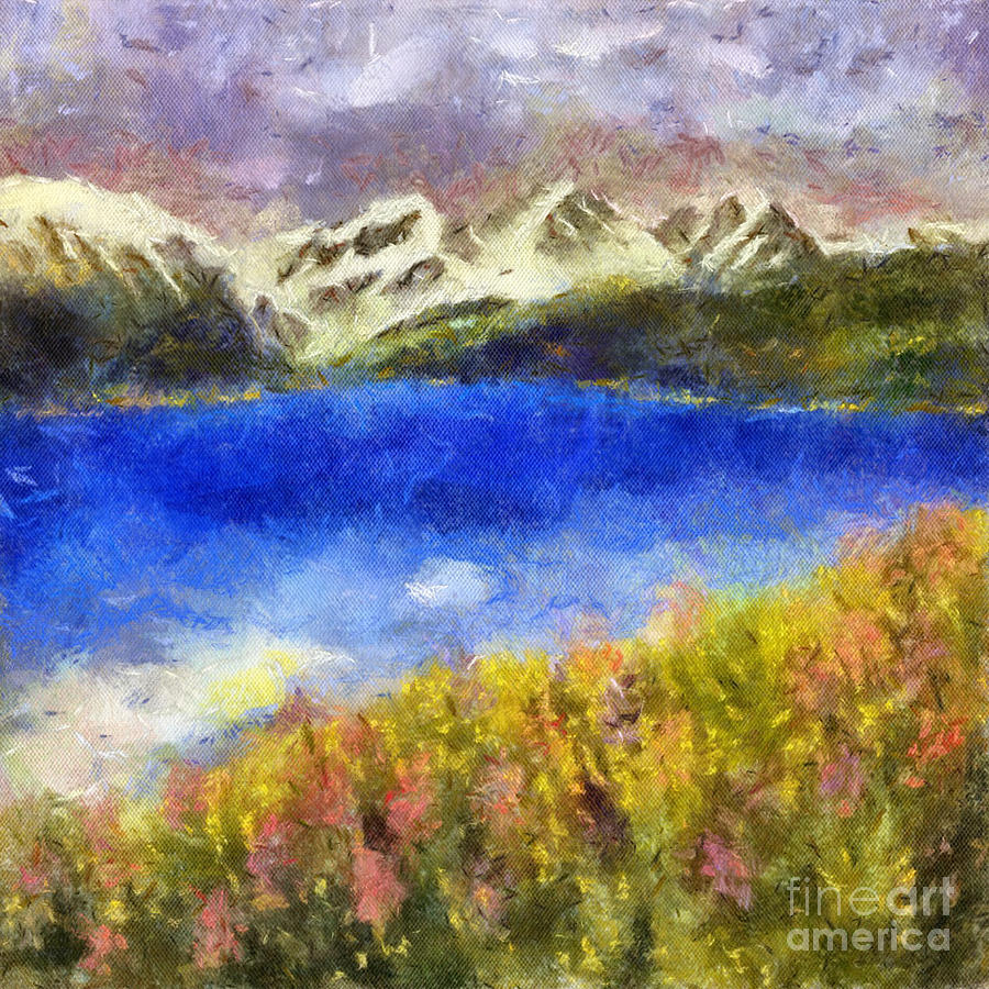 Snowcapped Blue Lake Painting by Teri Atkins Brown