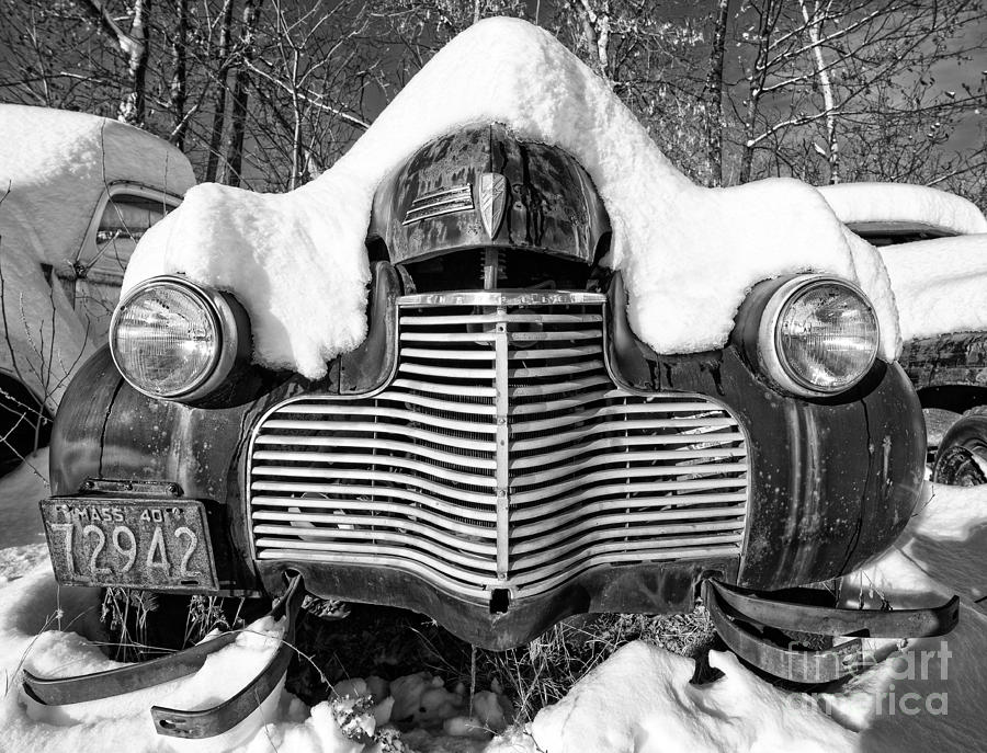 Vintage Photograph - Snowed In a thick blanket of snow covering a vintage Chevy by Edward Fielding