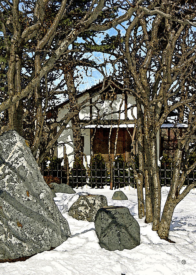 Snowfall and the Japanese Garden House Digital Art by Gary Olsen-Hasek