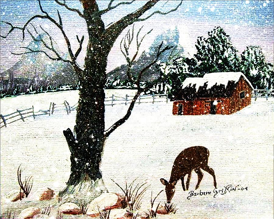 Snowfall and Visiting Doe Painting by Barbara A Griffin