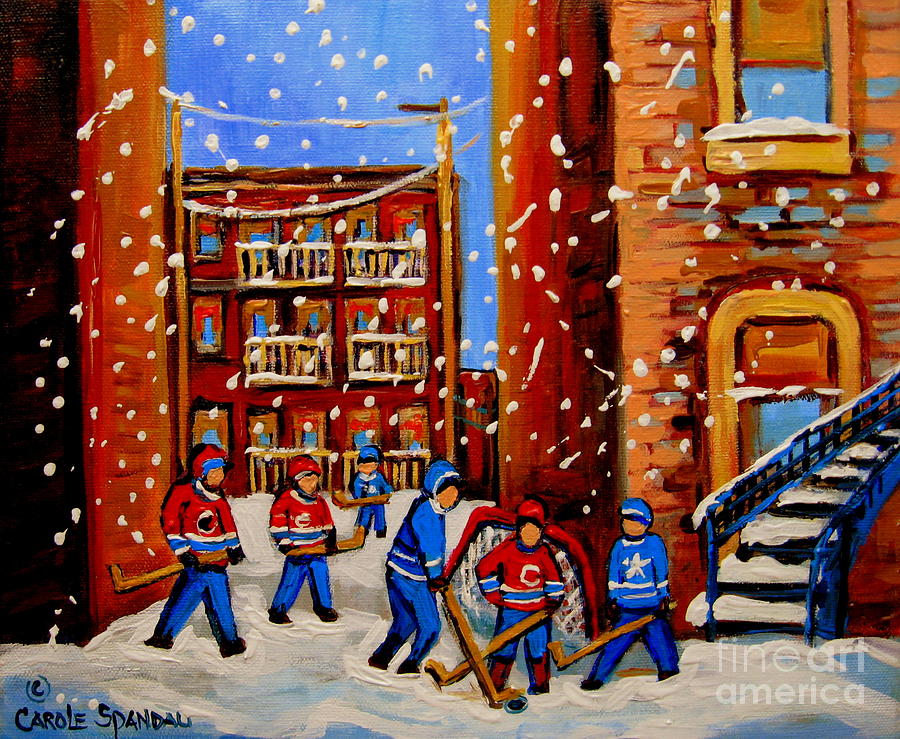Montreal Canadiens Painting - Snowfall Hockey Game Winter City Scene by Carole Spandau