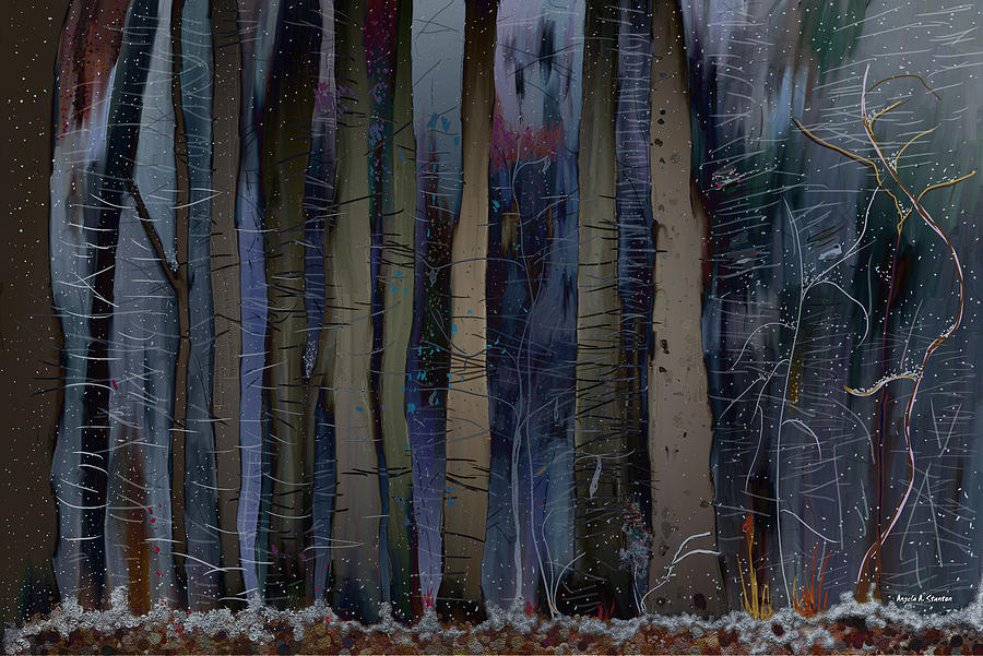Snowing in the Ice Forest at Night Painting by Angela Stanton