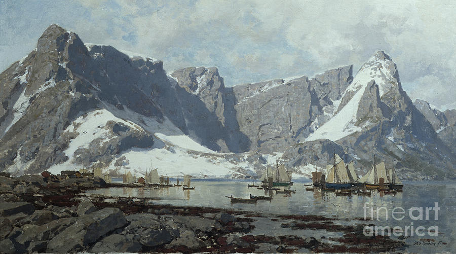 Snowlandscpae from Reine i Loften Painting by Otto Sinding