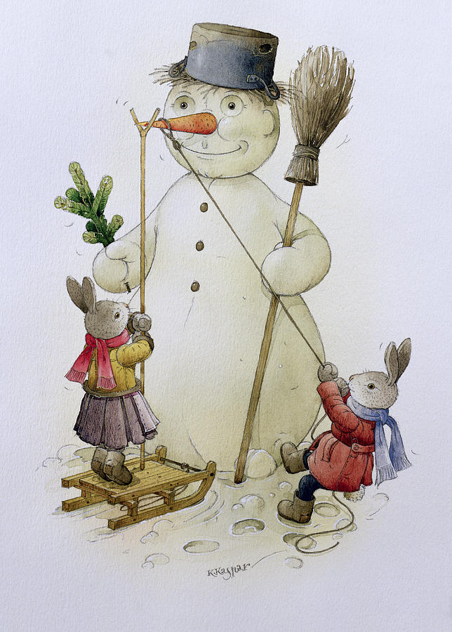 Carrot Painting - Snowman And Hares by Kestutis Kasparavicius
