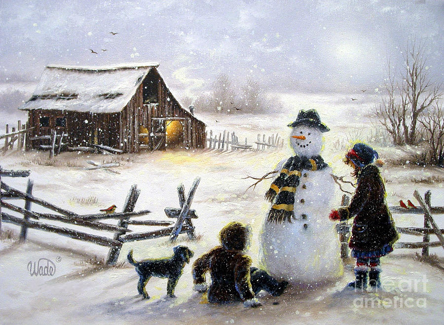 Snowman and Two Girls Painting by Vickie Wade - Pixels