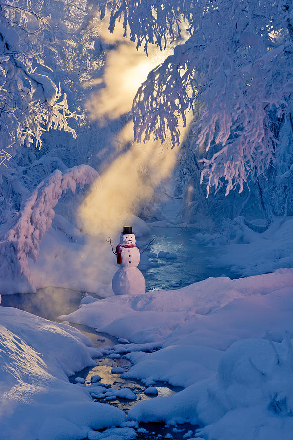 Anchorage Photograph - Snowman Standing Next To A Stream by Kevin Smith