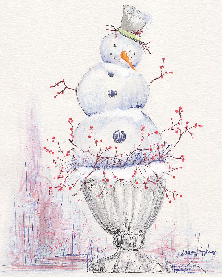 Snow Drawing - Snowman Topiary by Leanne Whipple
