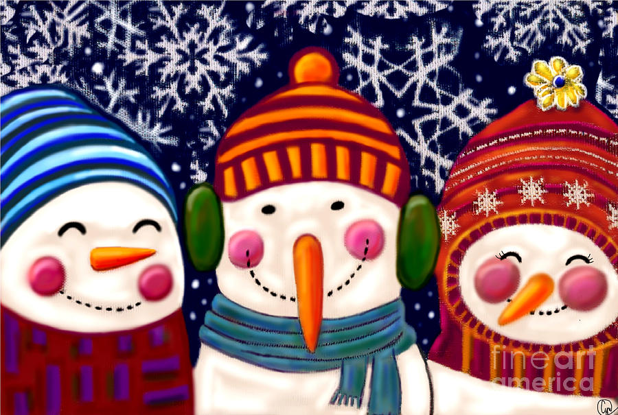 Snowman Trio Painting by Cynthia Snyder