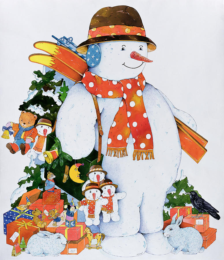Snowman With Skis Painting by Christian Kaempf