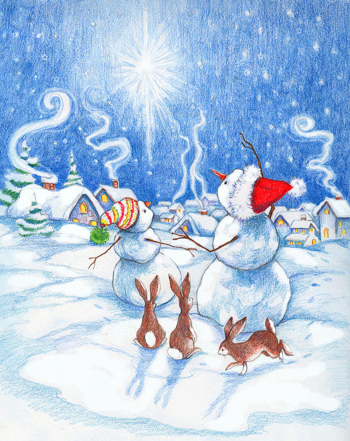 Winter Painting - Snowmen and Christmas Star by Peggy Wilson