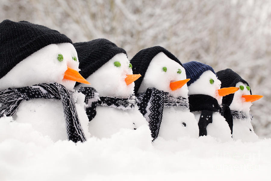 Snowmen close up in a row Photograph by Simon Bratt