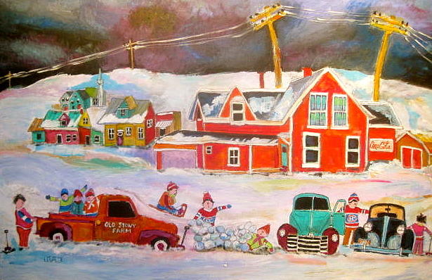 Winter Painting - Snowstorm Helpers Montreal Memories by Michael Litvack
