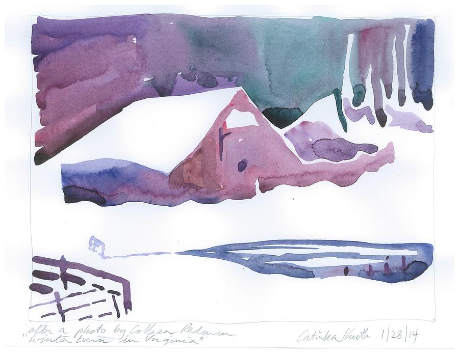 snowy cabin winter woods virginia blue purple watercolor Catinka Knoth H Painting by Catinka Knoth