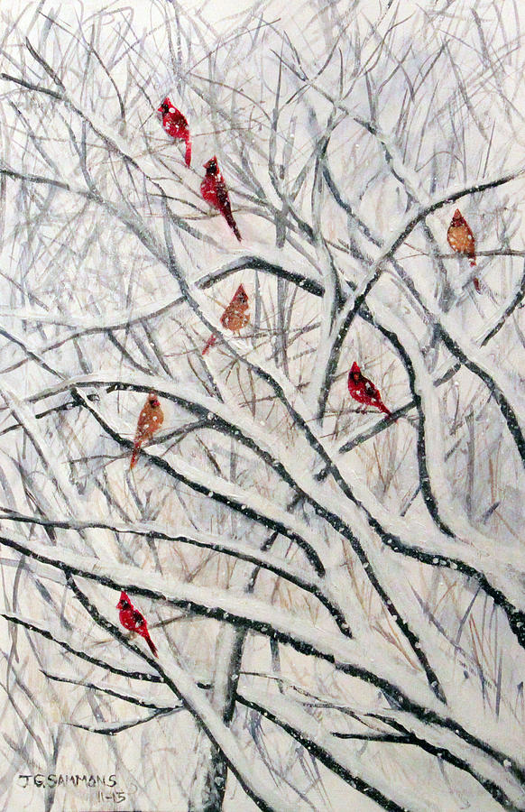 Snowy Cardinal Tree Painting by Janet Greer Sammons