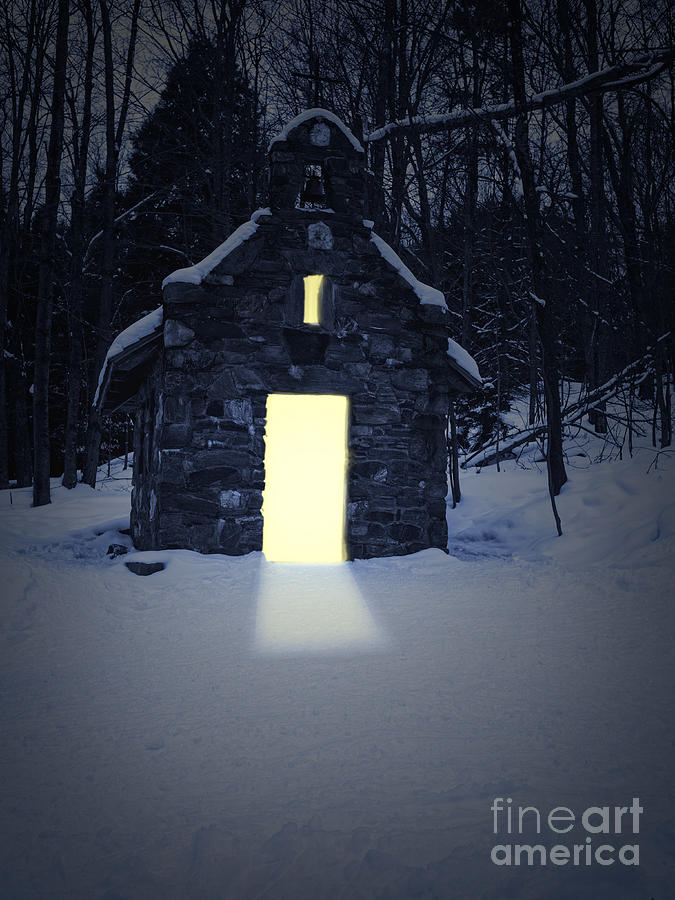 Winter Photograph - Snowy chapel at night by Edward Fielding