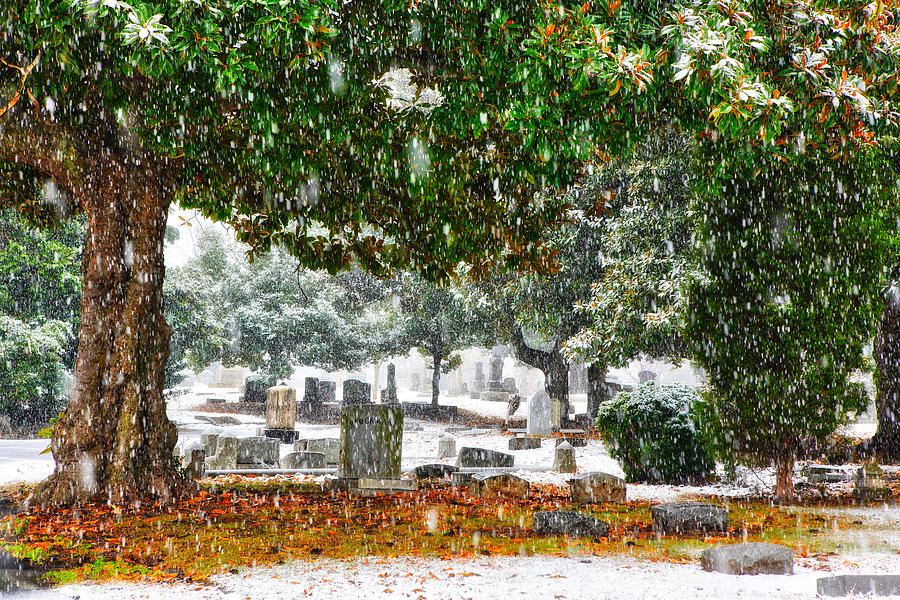Snowy Day at the cemetery - Greensboro North Carolina Painting by Dan Carmichael