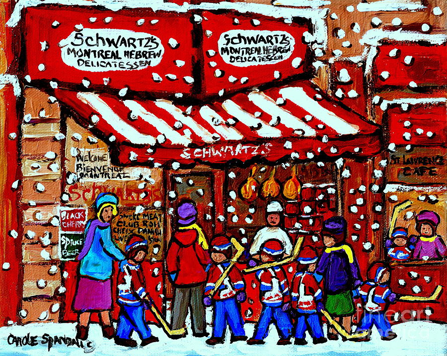 Snowy Day Montreal Paintings Schwarts Deli Smoked Meat After The Hockey Game Carole Spandau Art Painting by Carole Spandau