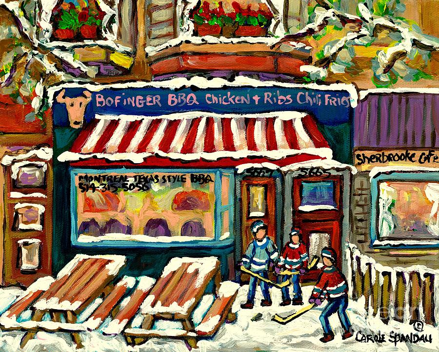 Hockey Painting - Snowy Day Sherbrooke Street Hockey Game At The Bar B Q Montreal Winter Fun Carole Spandau by Carole Spandau