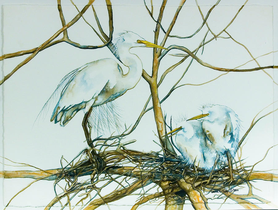 Snowy Egret and Chicks Painting by Laurie Tietjen