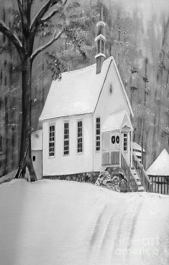 Winter Painting - Snowy Gates Chapel -White Church - Portrait view by Jan Dappen