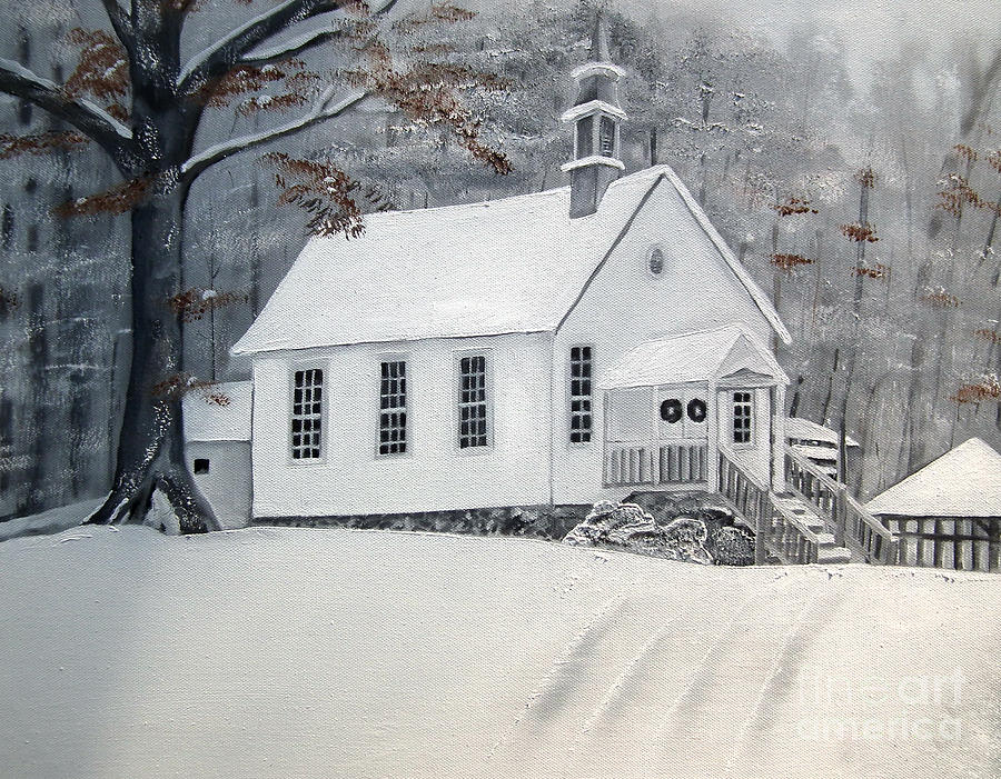 Snowy Gates Chapel  -Little White Church - Ellijay Painting by Jan Dappen