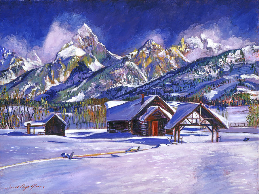 Mountain Painting - Snowy Log Cabin by David Lloyd Glover