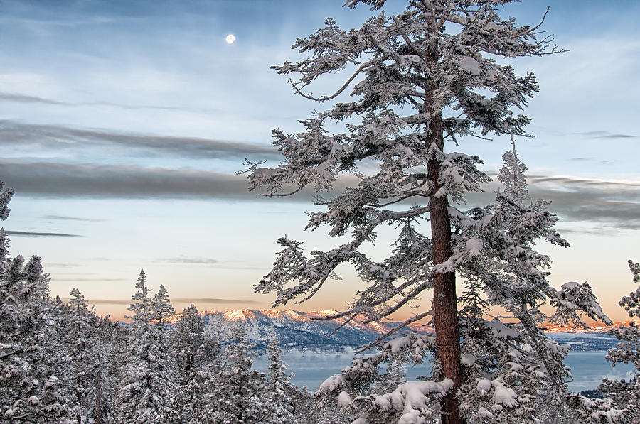 Snowy Moonset and Sunrise - Lake Tahoe - Nevada Photograph by Bruce Friedman