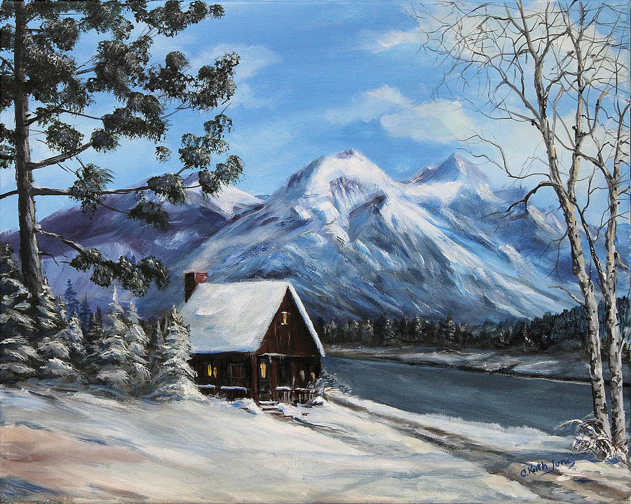 Snowy Mountain Cabin Painting by C Keith Jones