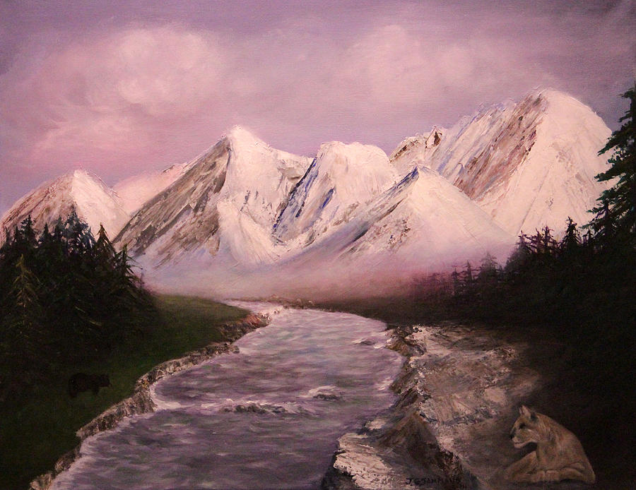 Snowy Mountains and River Painting by Janet Greer Sammons