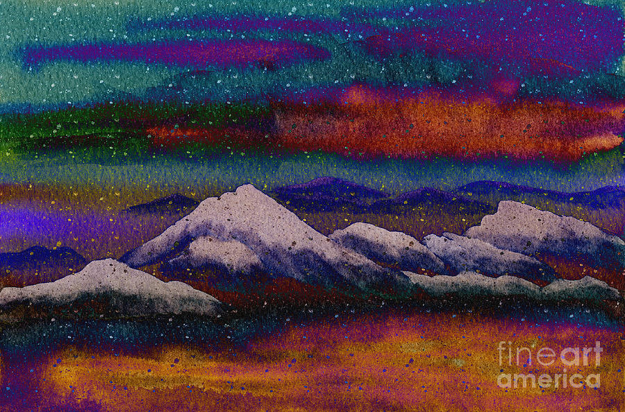 Snowy Mountains on a Colorful Winter Night Mixed Media by Beverly Claire Kaiya