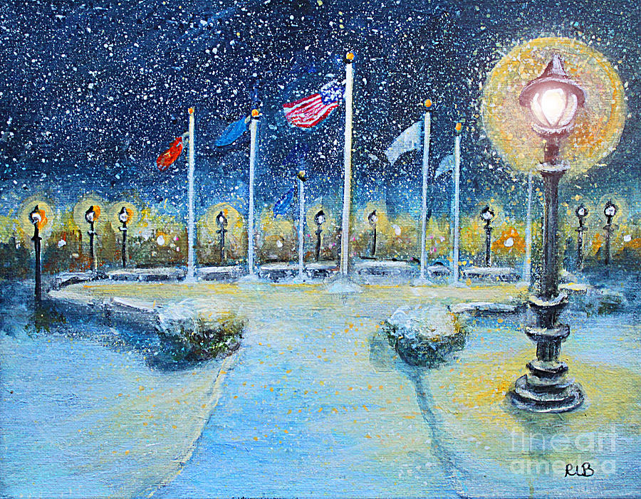 Snowy Night at the Circle of Remembrance Painting by Rita Brown