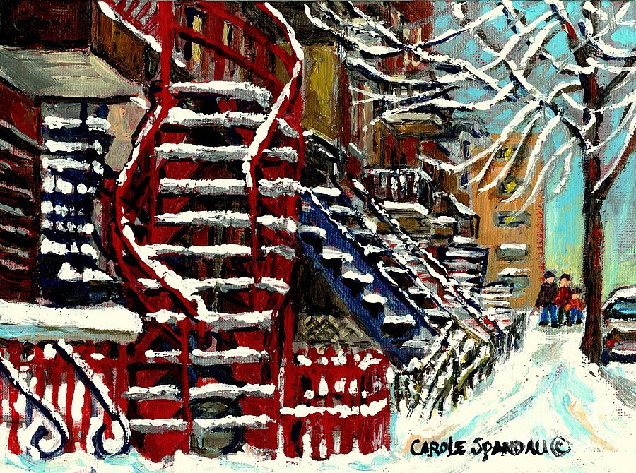 Snowy Steps The Red Staircase In Winter In Verdun Montreal Paintings City Scene Art Carole Spandau Painting by Carole Spandau