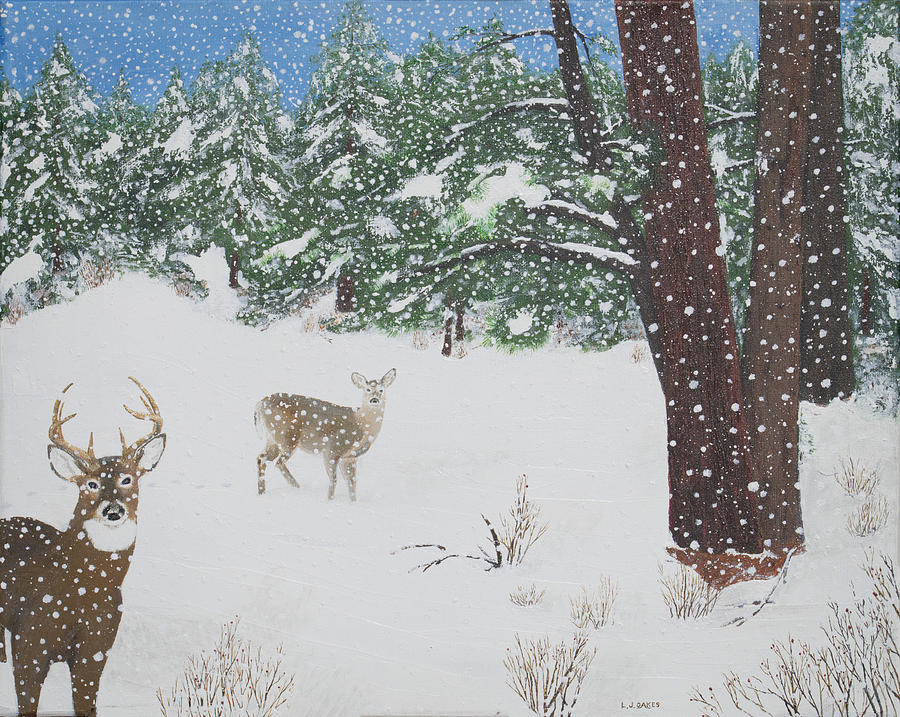 Snowy Wintering Whitetails  Painting by L J Oakes